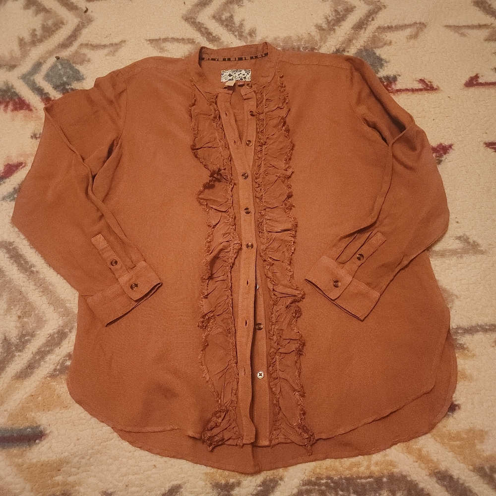 Ruffled Placket Button Down Linen Shirt - image 2